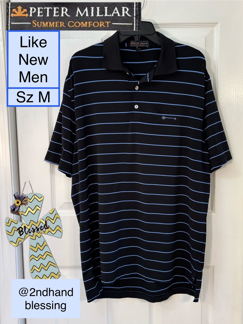 Like New Peter Millar Navy Polo w/ Light Blue Stripes Men Sz M, Antique Key Logo